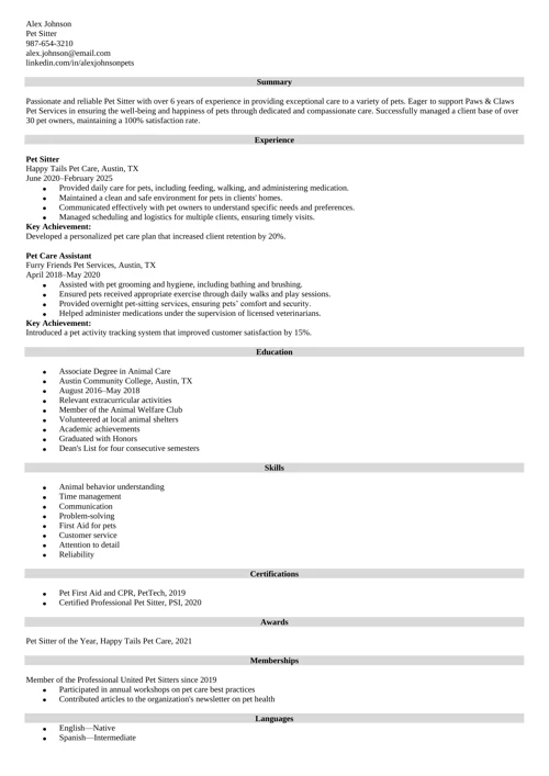 Pet Sitter Resume Example