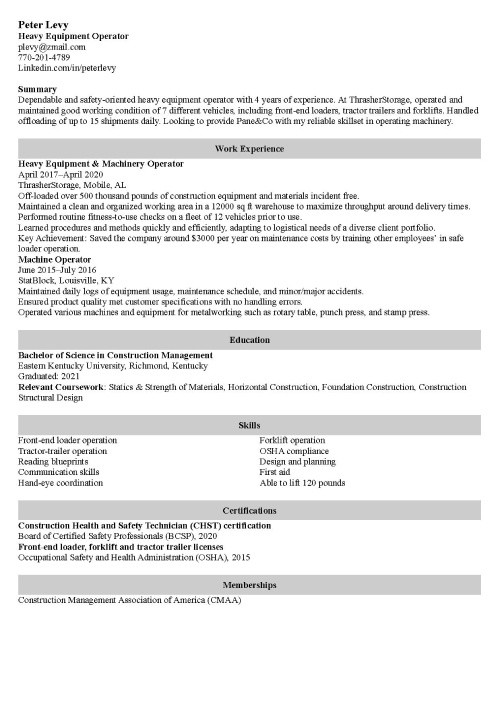 Heavy Equipment Resume