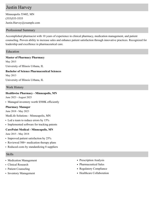 Pharmacist resume example