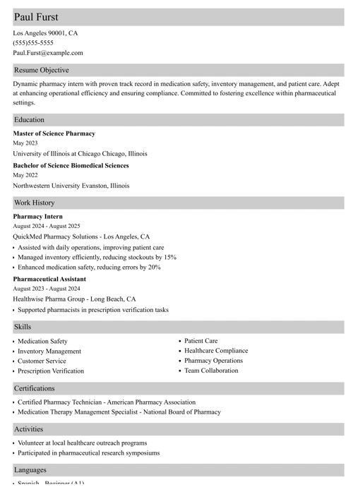 pharmacy intern resume example