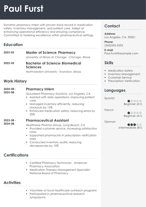 pharmacy intern resume example
