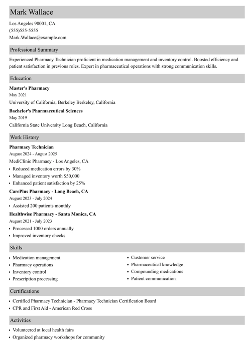 Pharmacy technician resume example
