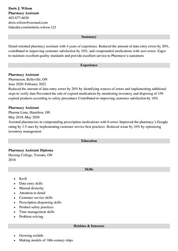 pharmacy assistant resume example