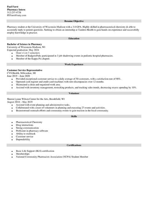 pharmacy intern resume example