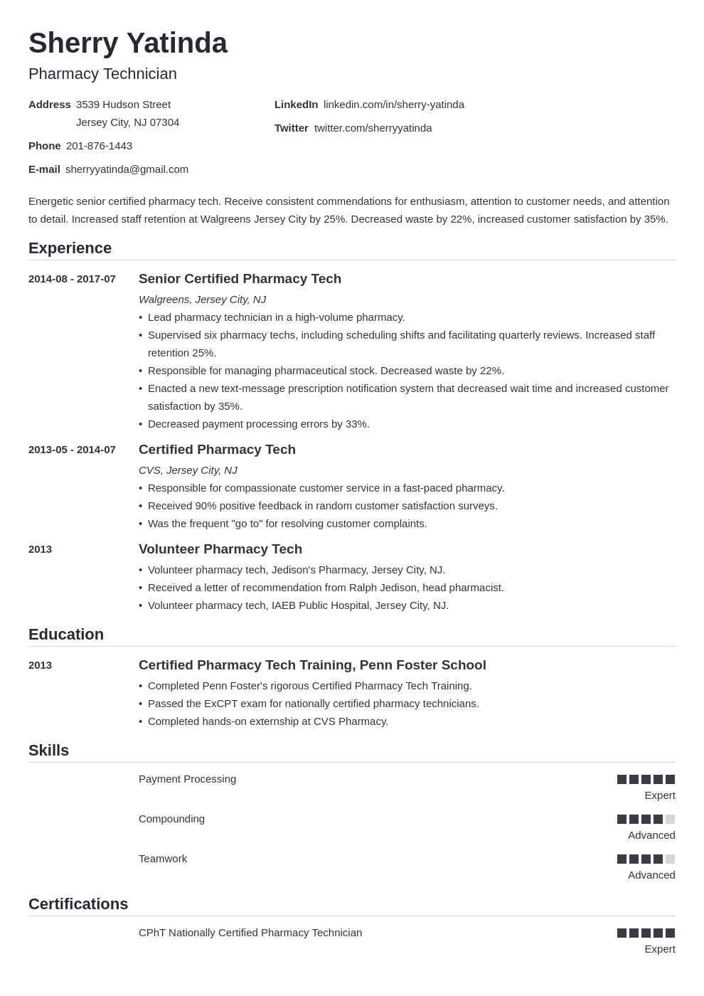 Pharmacy Technician Resume Sample [Template, Skills, Tips]