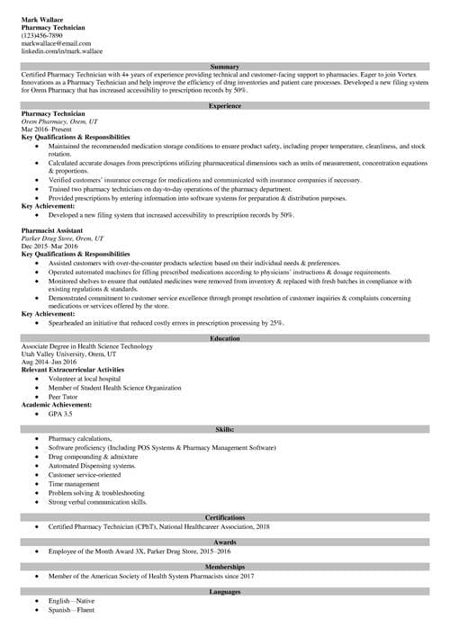 Pharmacy technician resume example