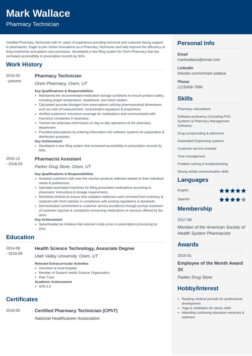 Pharmacy technician resume example