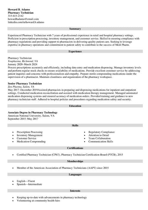 pharmacy technician skills on a resume example