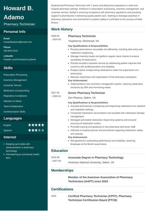 pharmacy technician skills on a resume example