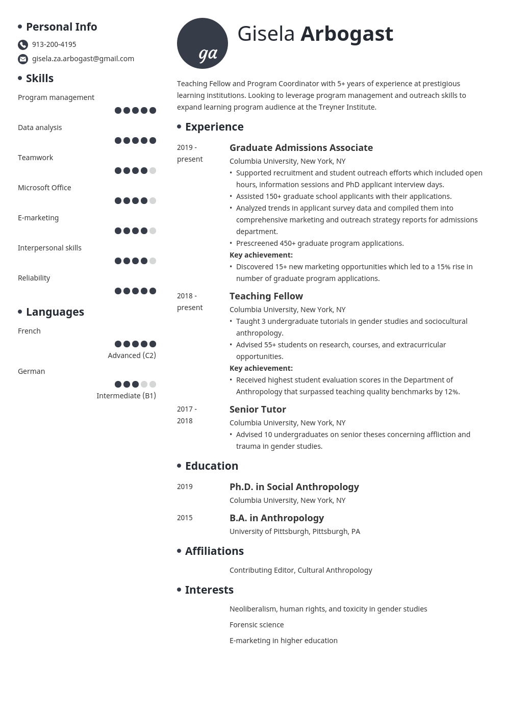 phd resume example template initials