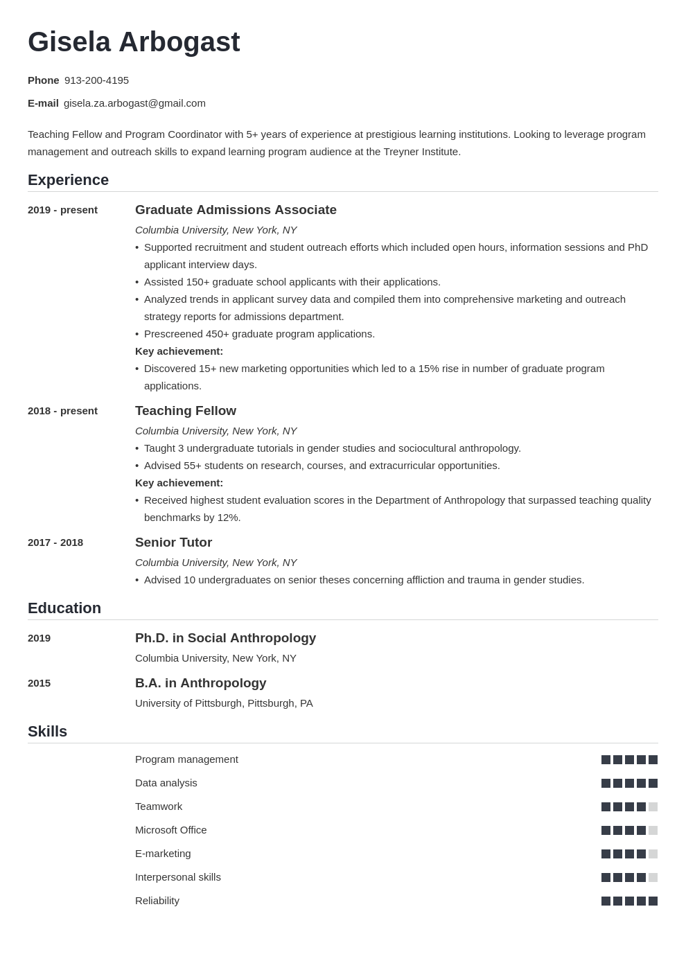 thesis cv sample