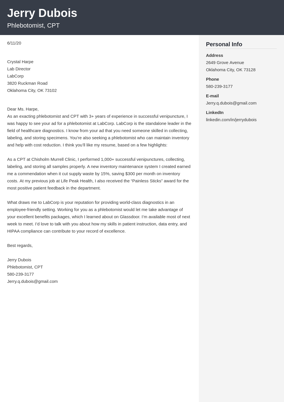 Phlebotomist Cover Letter Example & Template for 2024