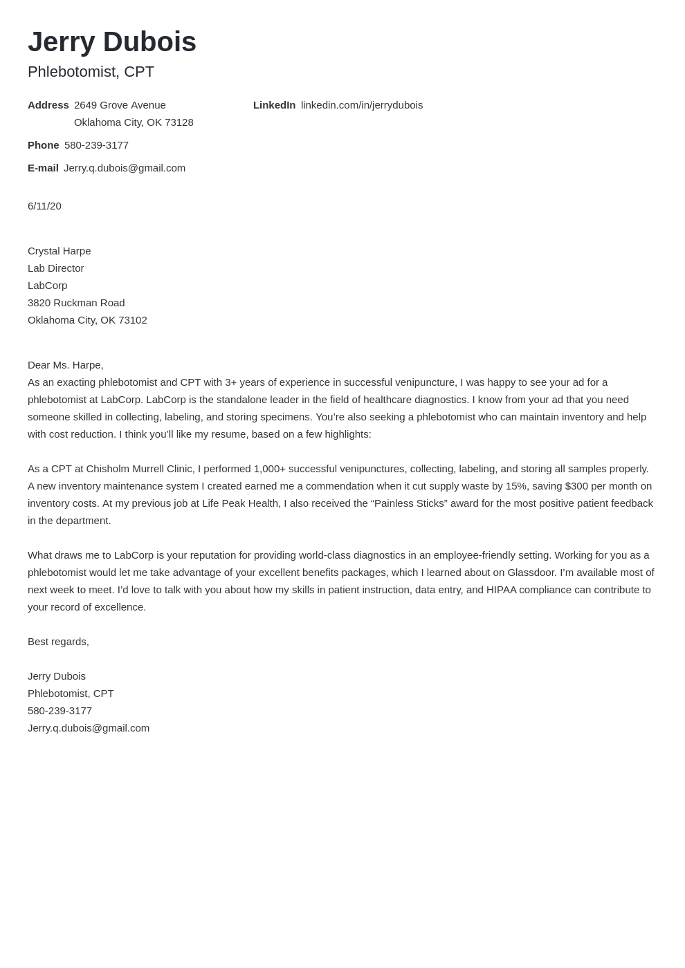 Phlebotomist Cover Letter Example Template for 2024