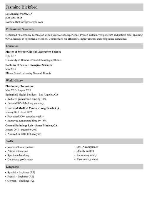 phlebotomist resume example