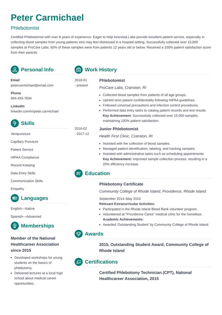 Phlebotomists resume example from Zety (Diamond)