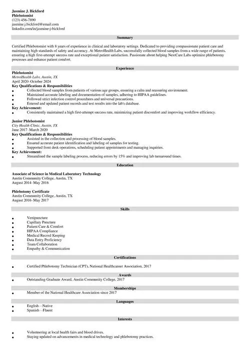 phlebotomist resume example