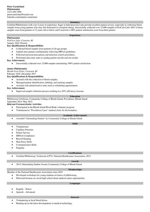 Phlebotomy resume example