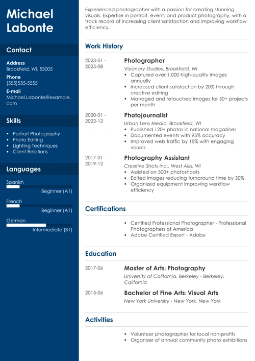 photographer resume example