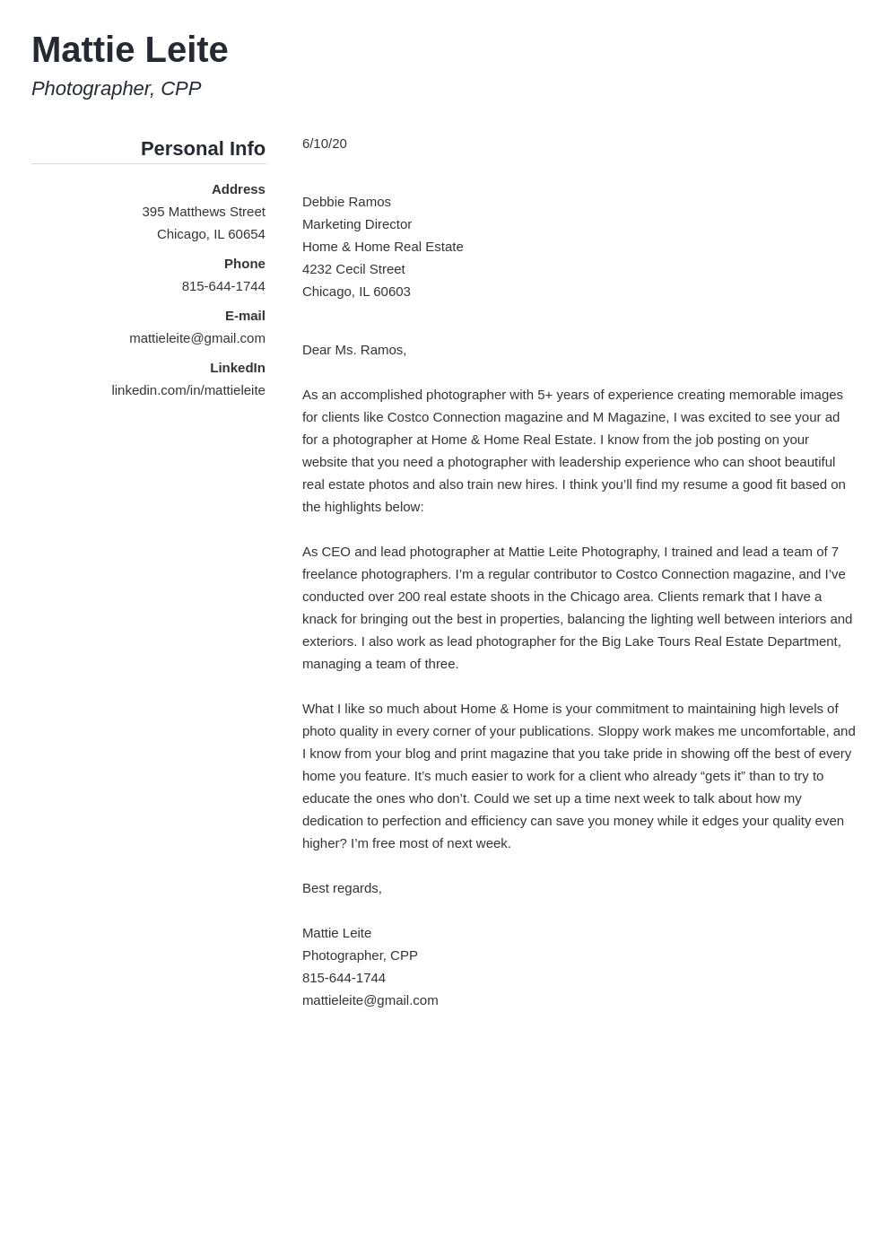 cover letter for photographer student
