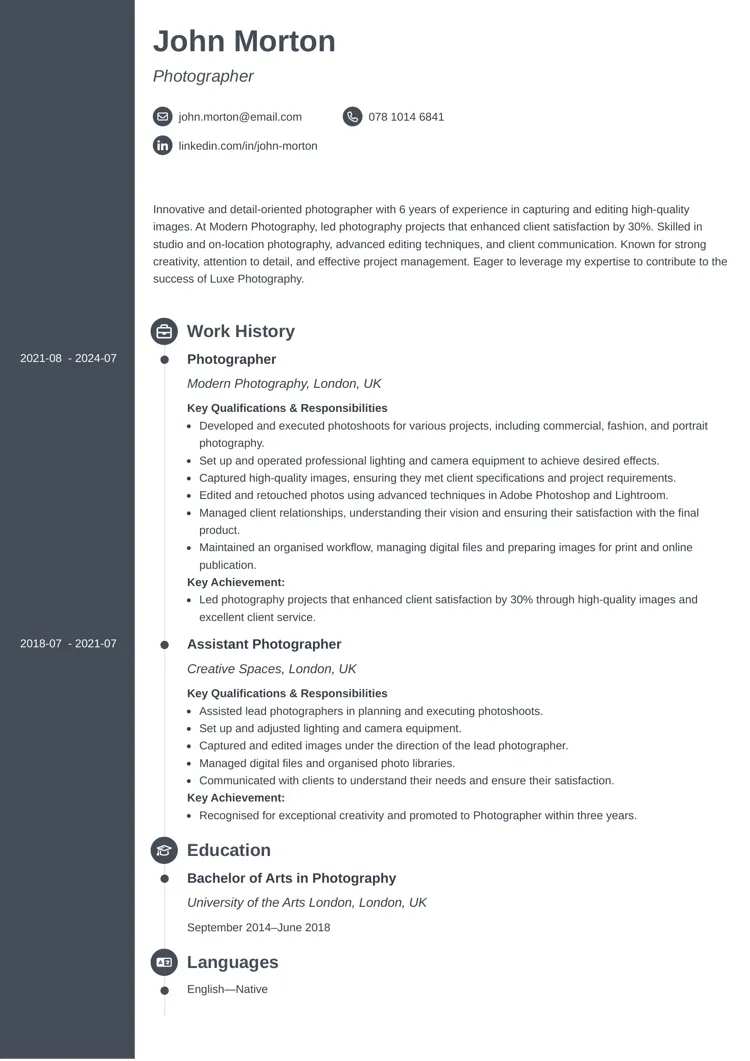 Concept CV template for photographers