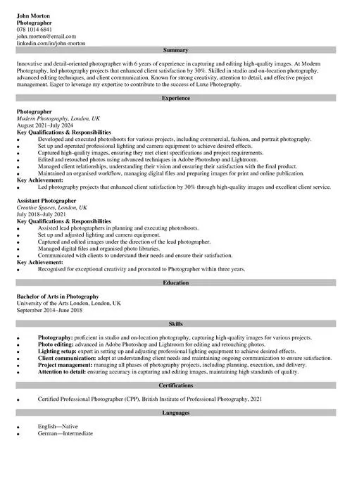 photography CV example