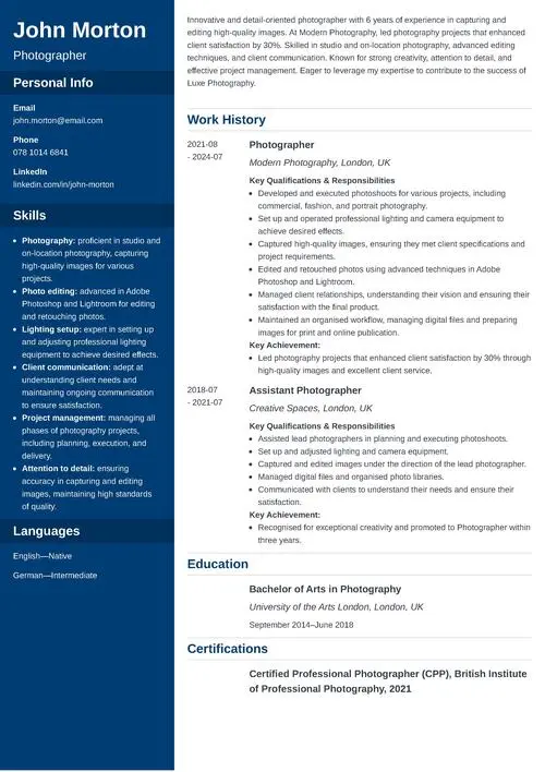 photography CV example