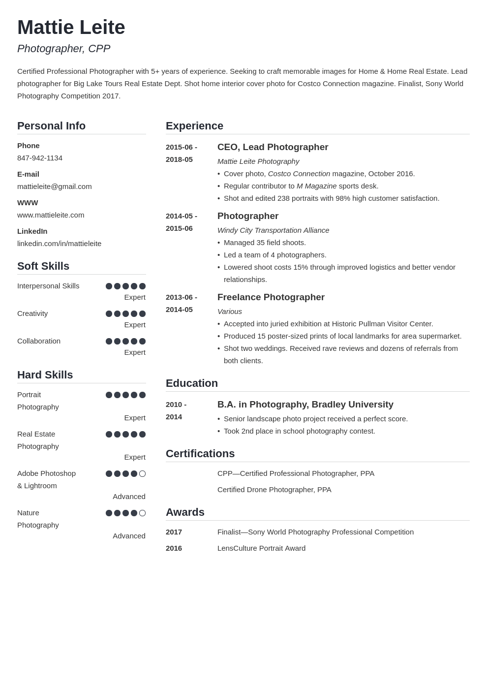 photographer resume example template simple