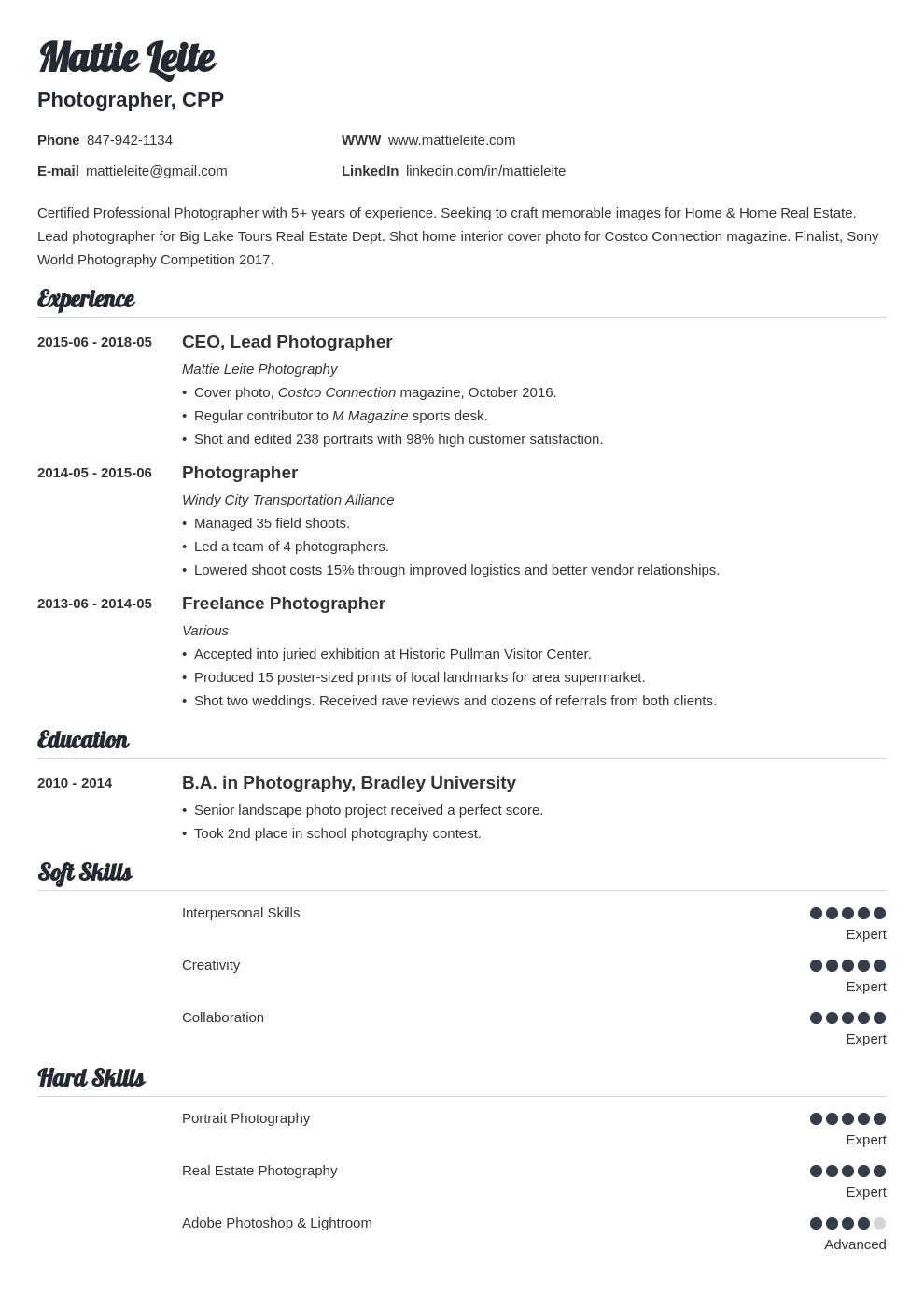 Photographer Resume Examples [Photography Skills Template]
