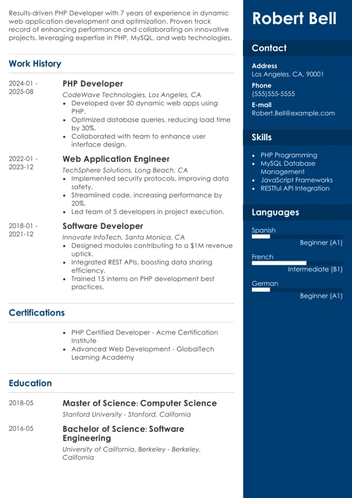 PHP developer resume example