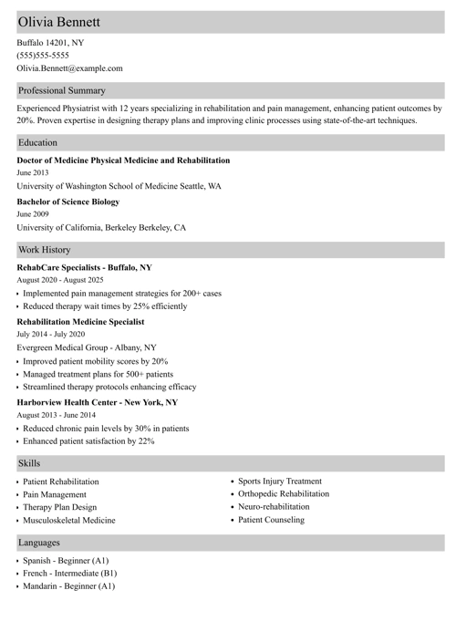Physiatrist Resume Sample