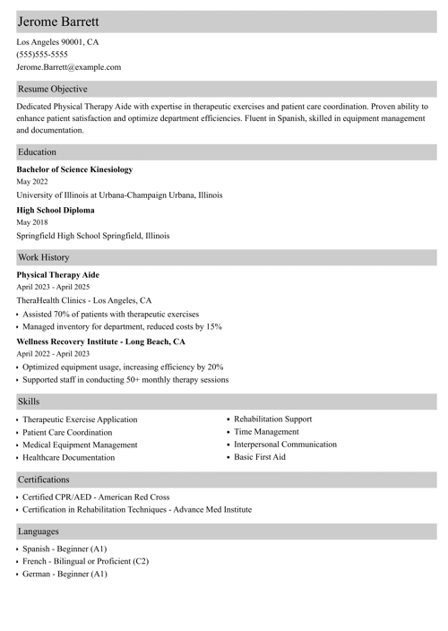 physical therapy aide resume example
