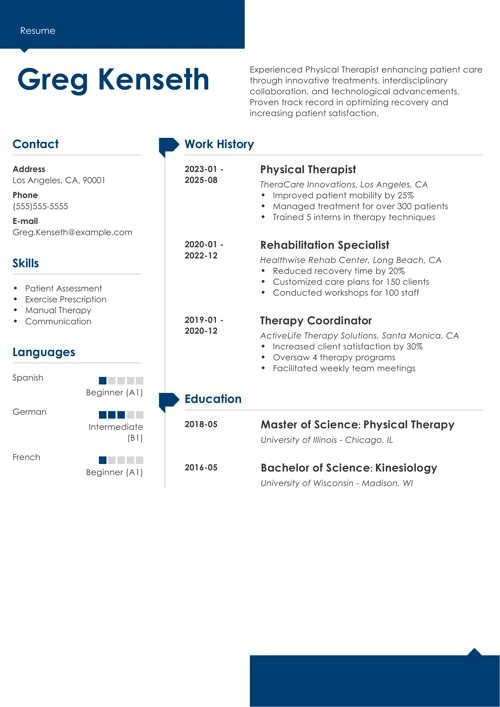 Physical therapy resume example