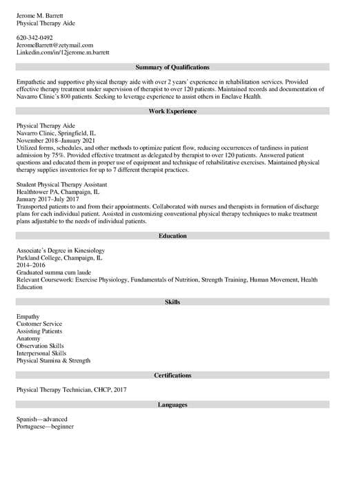 physical therapy aide resume example