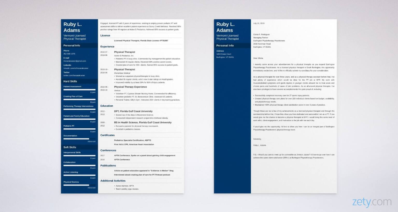physical therapy resume and cover letter set