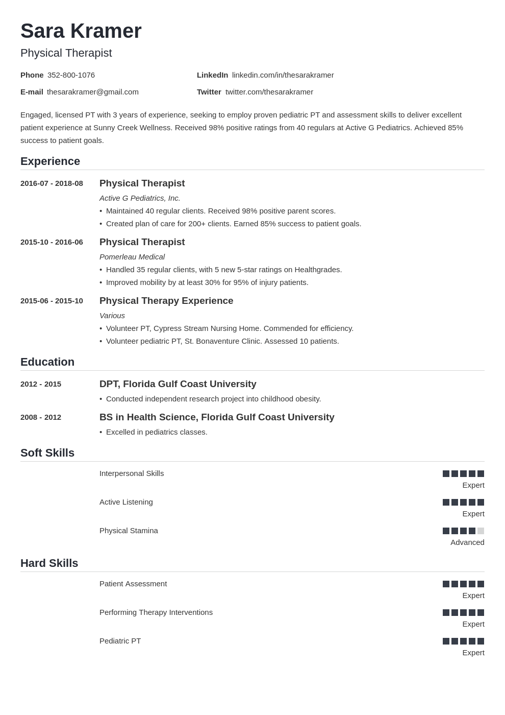 physical therapy resume example template nanica