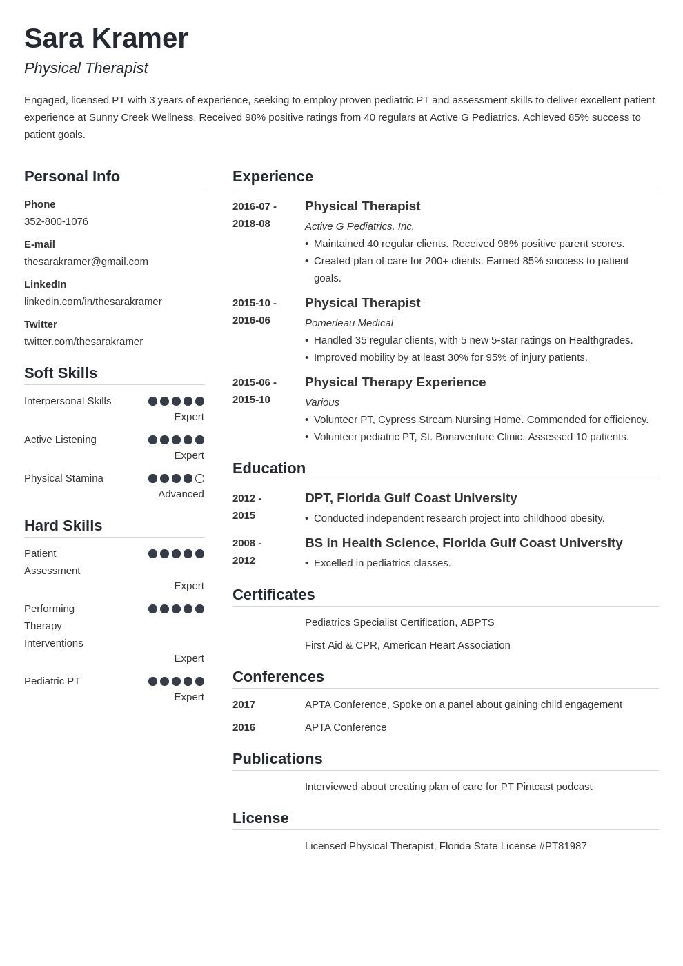 physical therapy resume example template simple