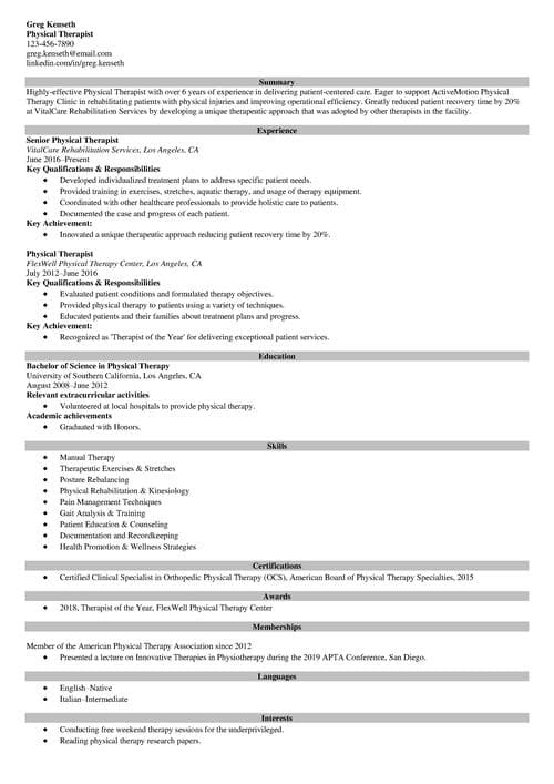 Physical therapy resume example
