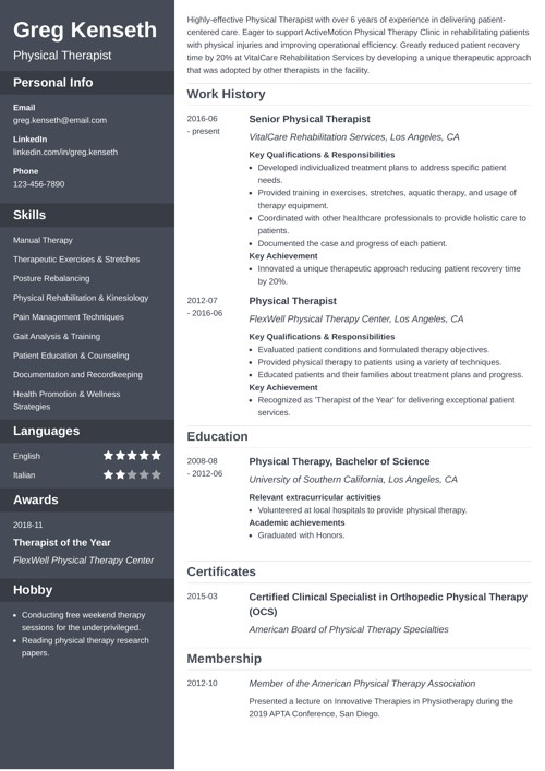 Physical therapy resume example