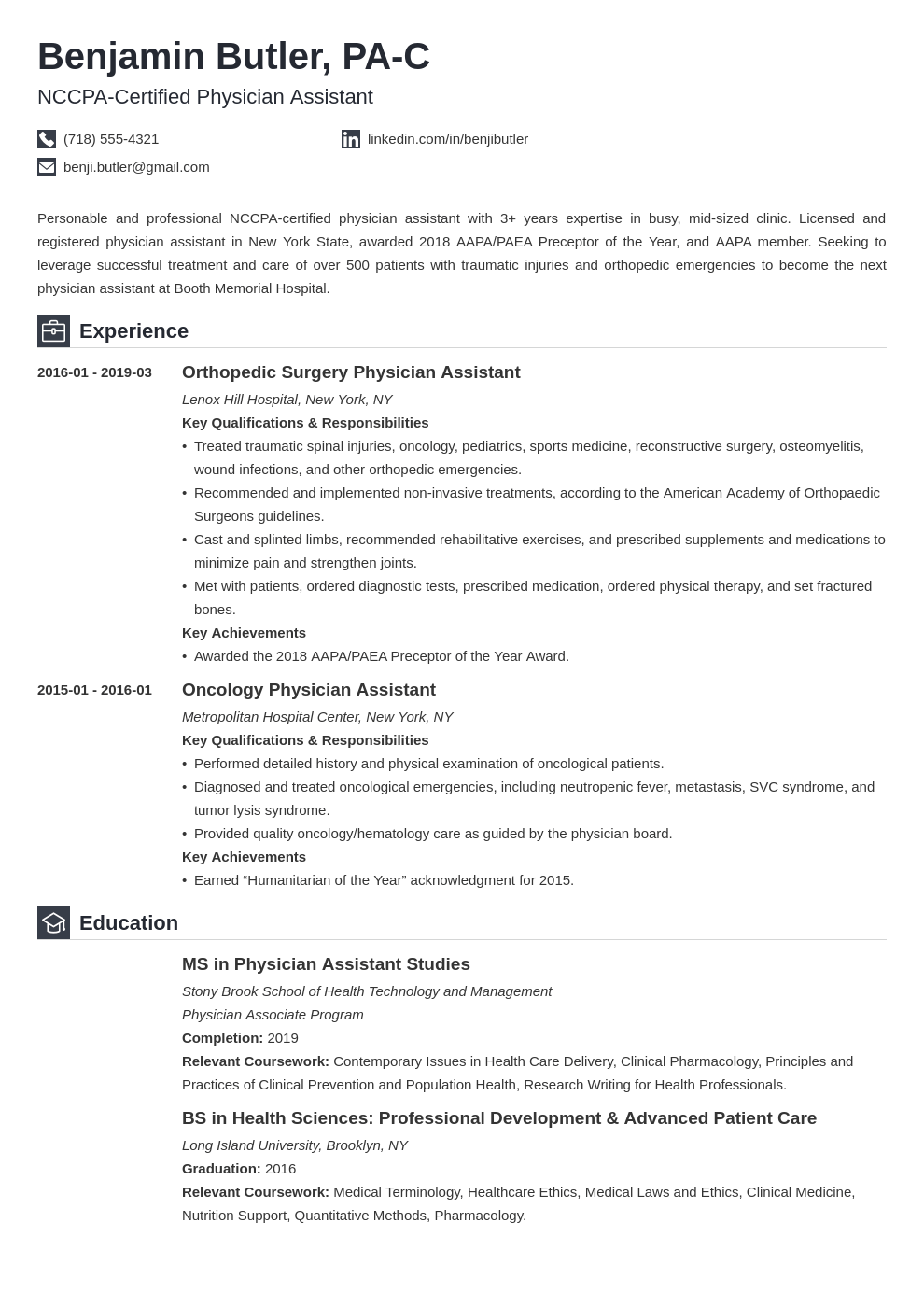 physician assistant resume example template iconic
