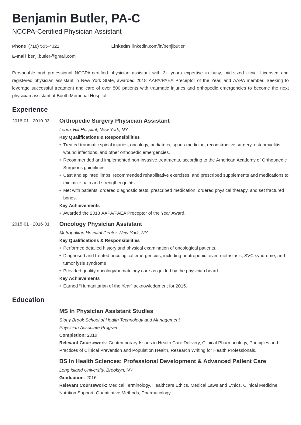 Physician Assistant Resume Examples Templates For Pa