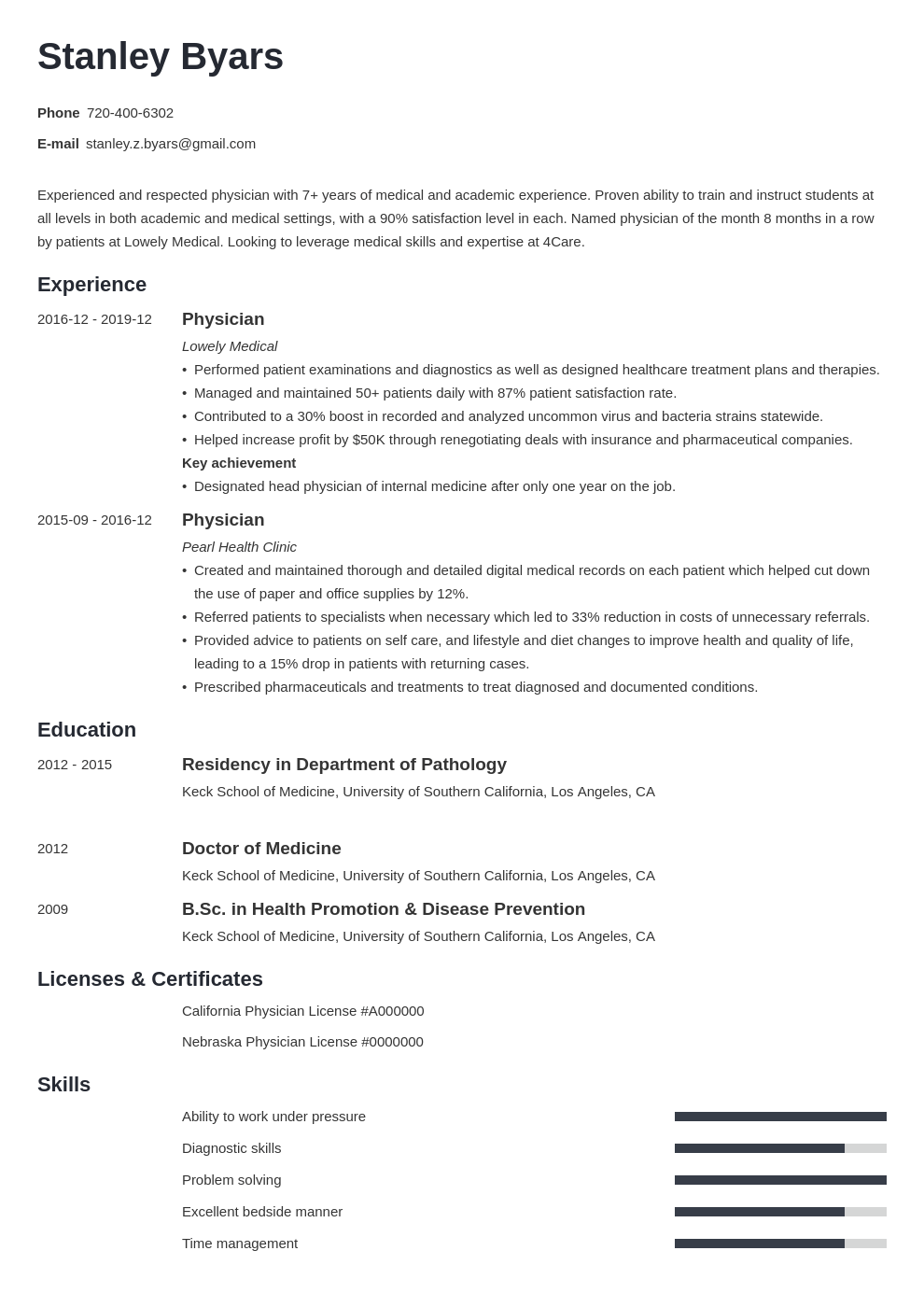 Physician Cv Example Curriculum Vitae Template