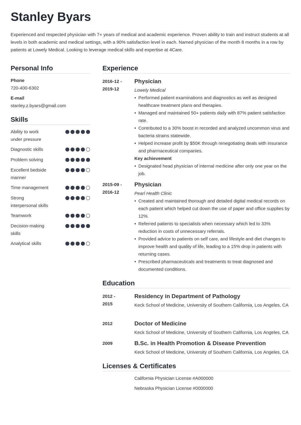 physician cv example template simple