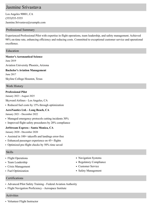 professional pilot resume templates