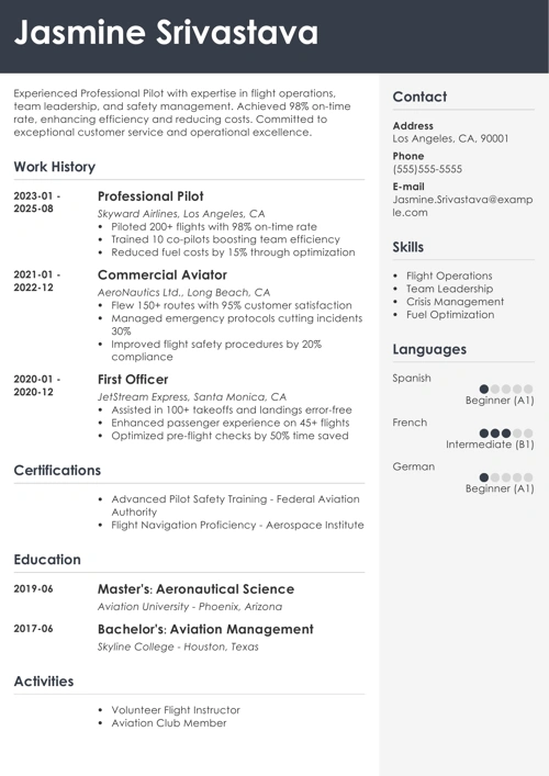 professional pilot resume templates