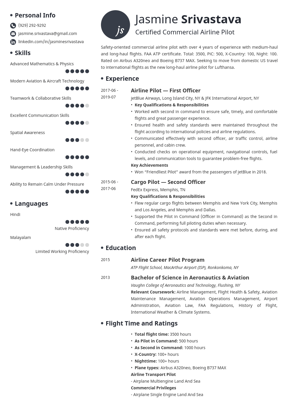 Pilot Resume Template Aviation Resume Example