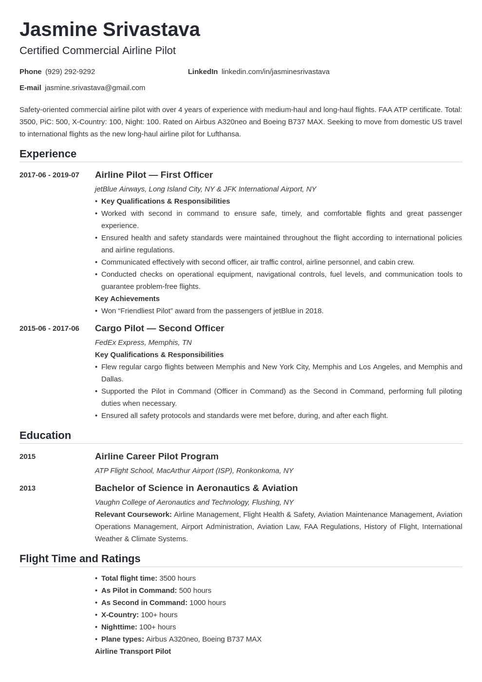 pilot resume example template nanica