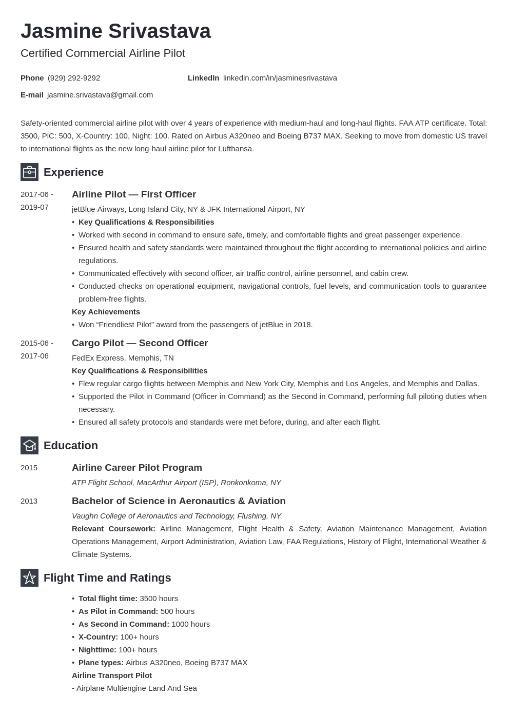 Pilot Resume Template & Aviation Resume Example