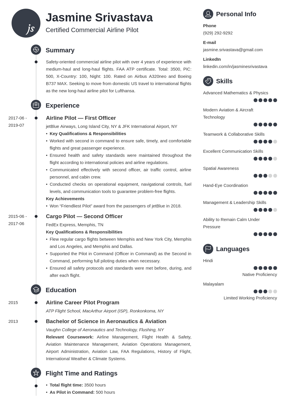 4 Pilot Resume Examples & Templates for 2024