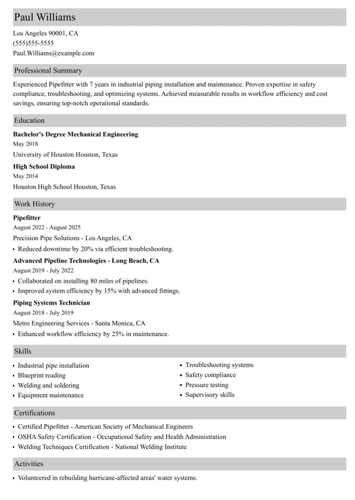 pipefitter resume example