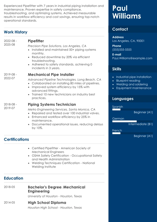 pipefitter resume example